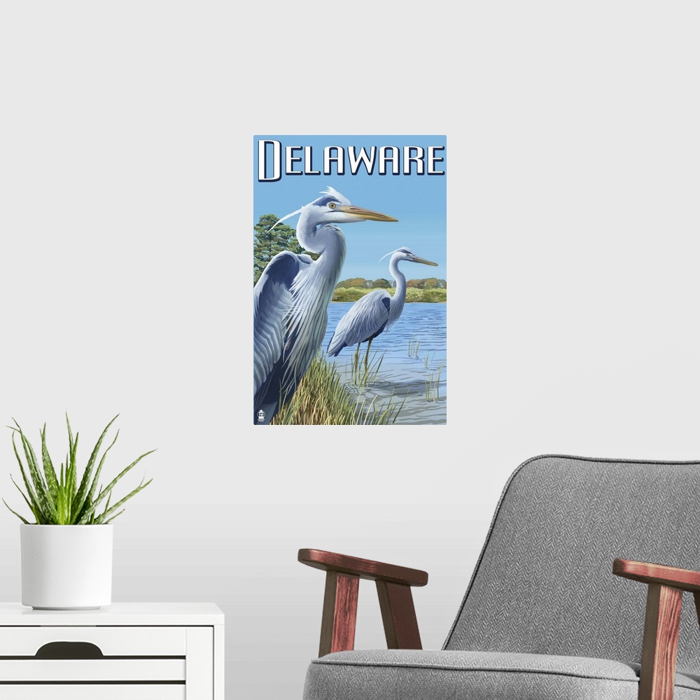 A modern room featuring Retro stylized art poster of two blue herons staring out onto the water.