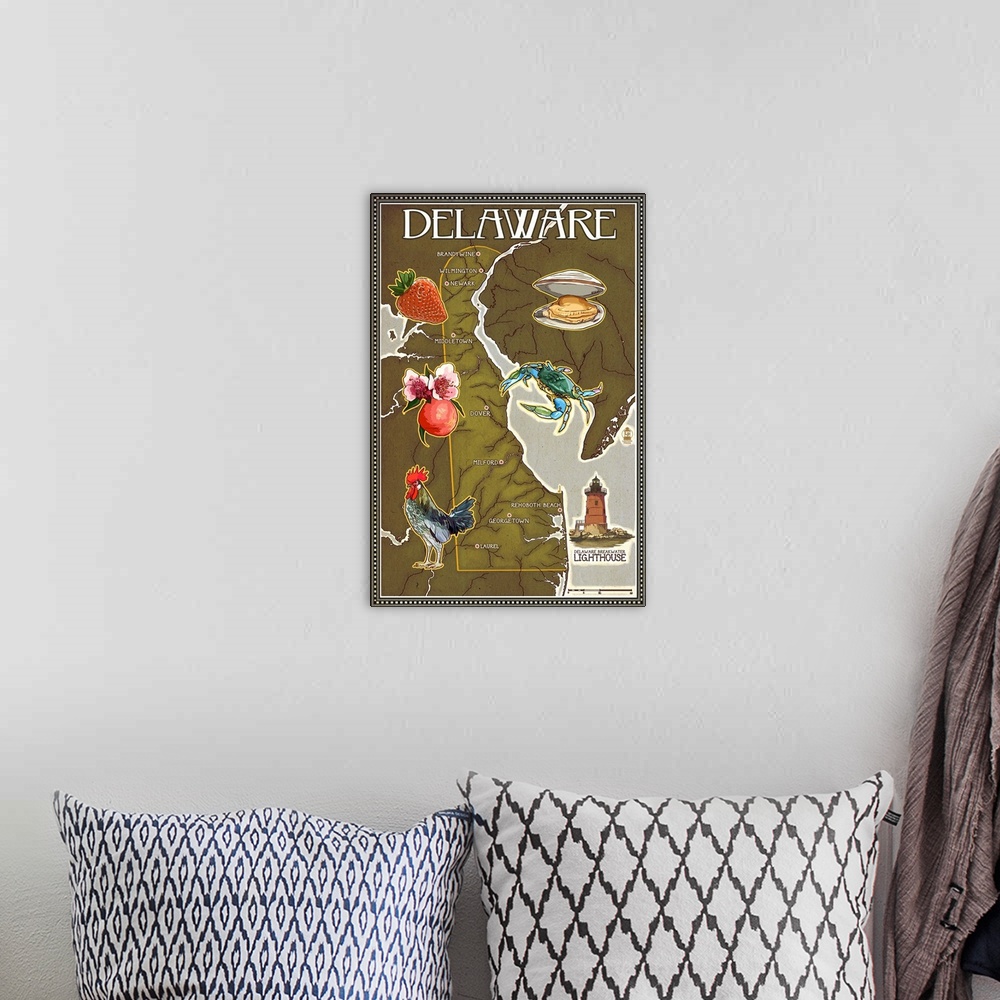 A bohemian room featuring Delaware Map and Icons: Retro Travel Poster