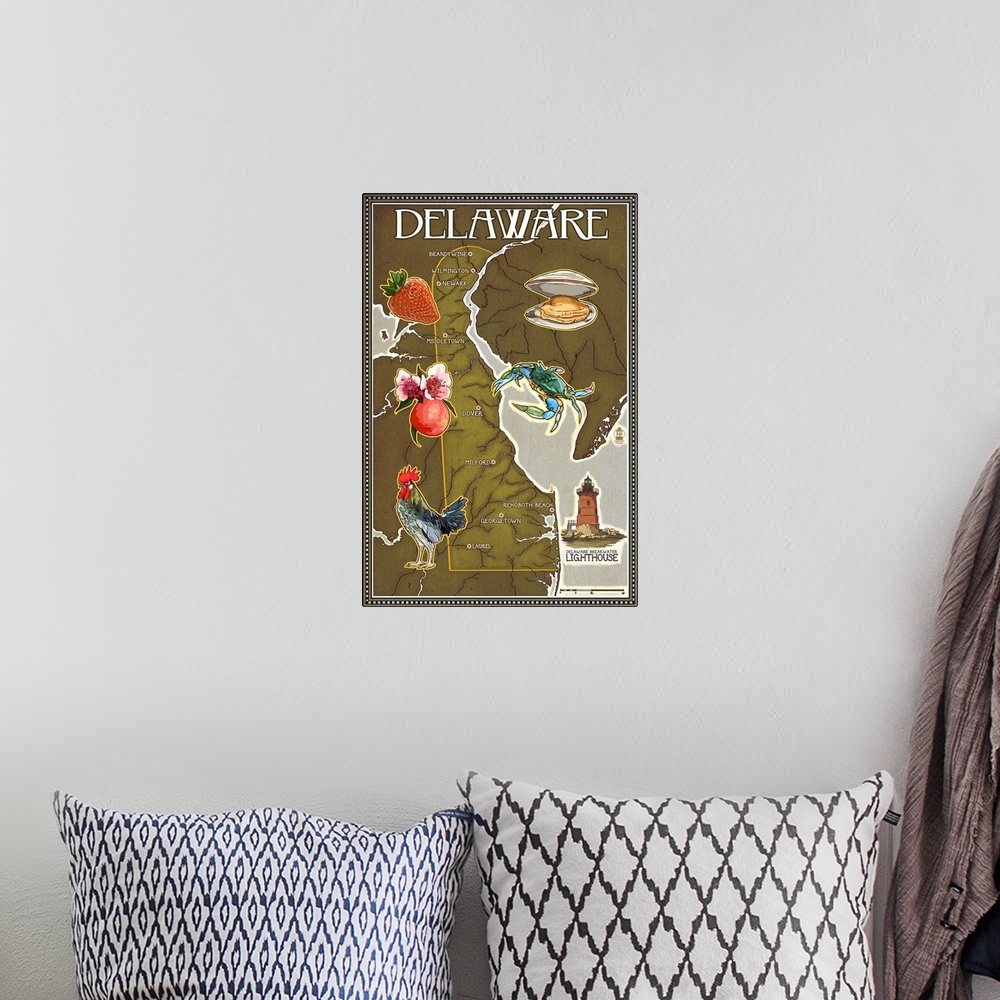A bohemian room featuring Delaware Map and Icons: Retro Travel Poster