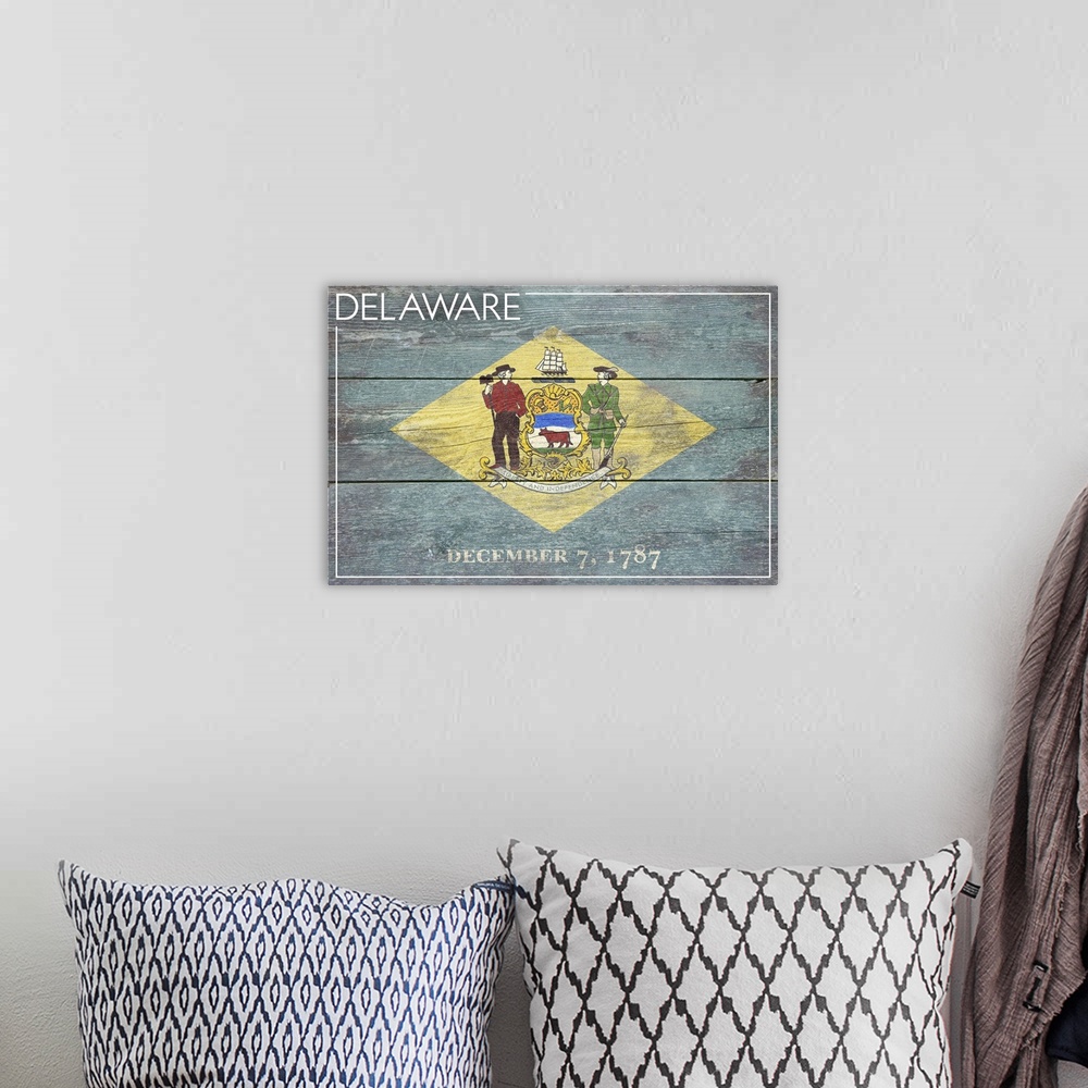 A bohemian room featuring The flag of Delaware with a weathered wooden board effect.