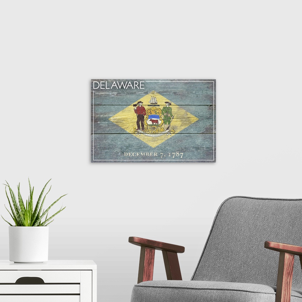 A modern room featuring The flag of Delaware with a weathered wooden board effect.