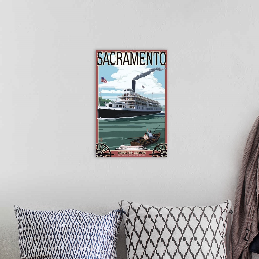 A bohemian room featuring Retro stylized art poster of a riverboat with smoke pouring out of the smokestack.