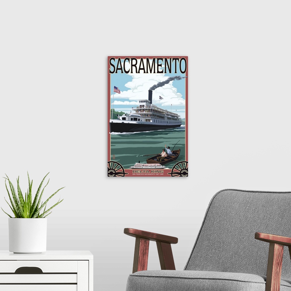 A modern room featuring Retro stylized art poster of a riverboat with smoke pouring out of the smokestack.