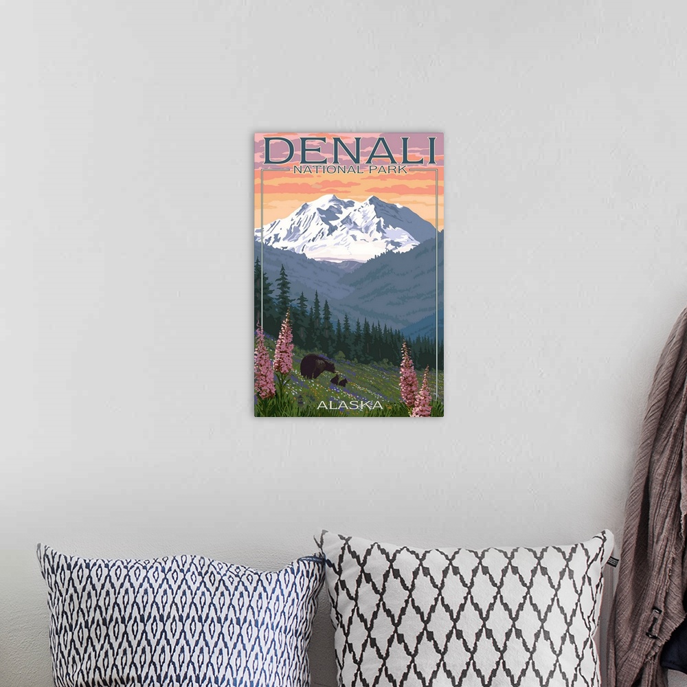 A bohemian room featuring Denali National Park, Alaska - Bears and Spring Flowers: Retro Travel Poster