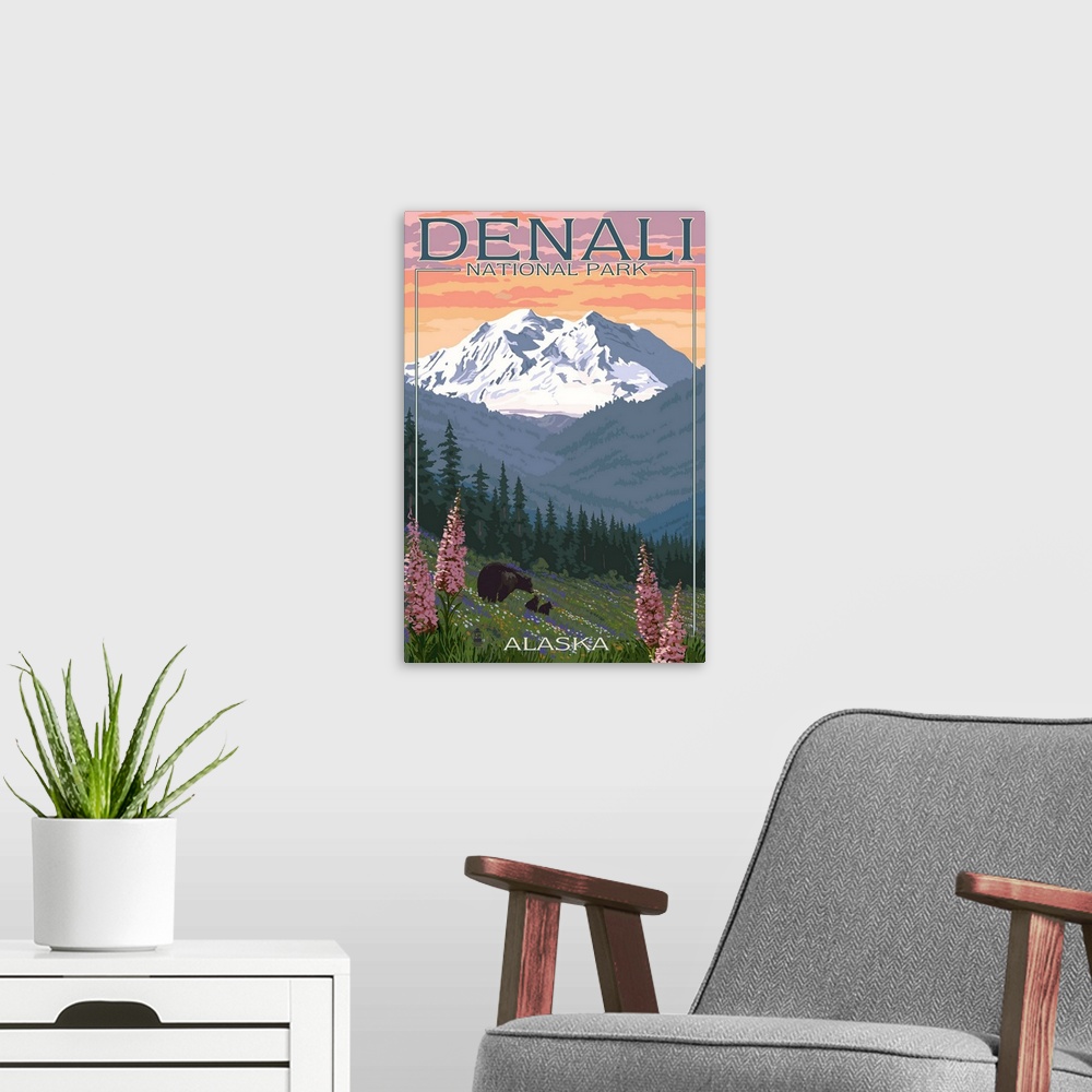 A modern room featuring Denali National Park, Alaska - Bears and Spring Flowers: Retro Travel Poster