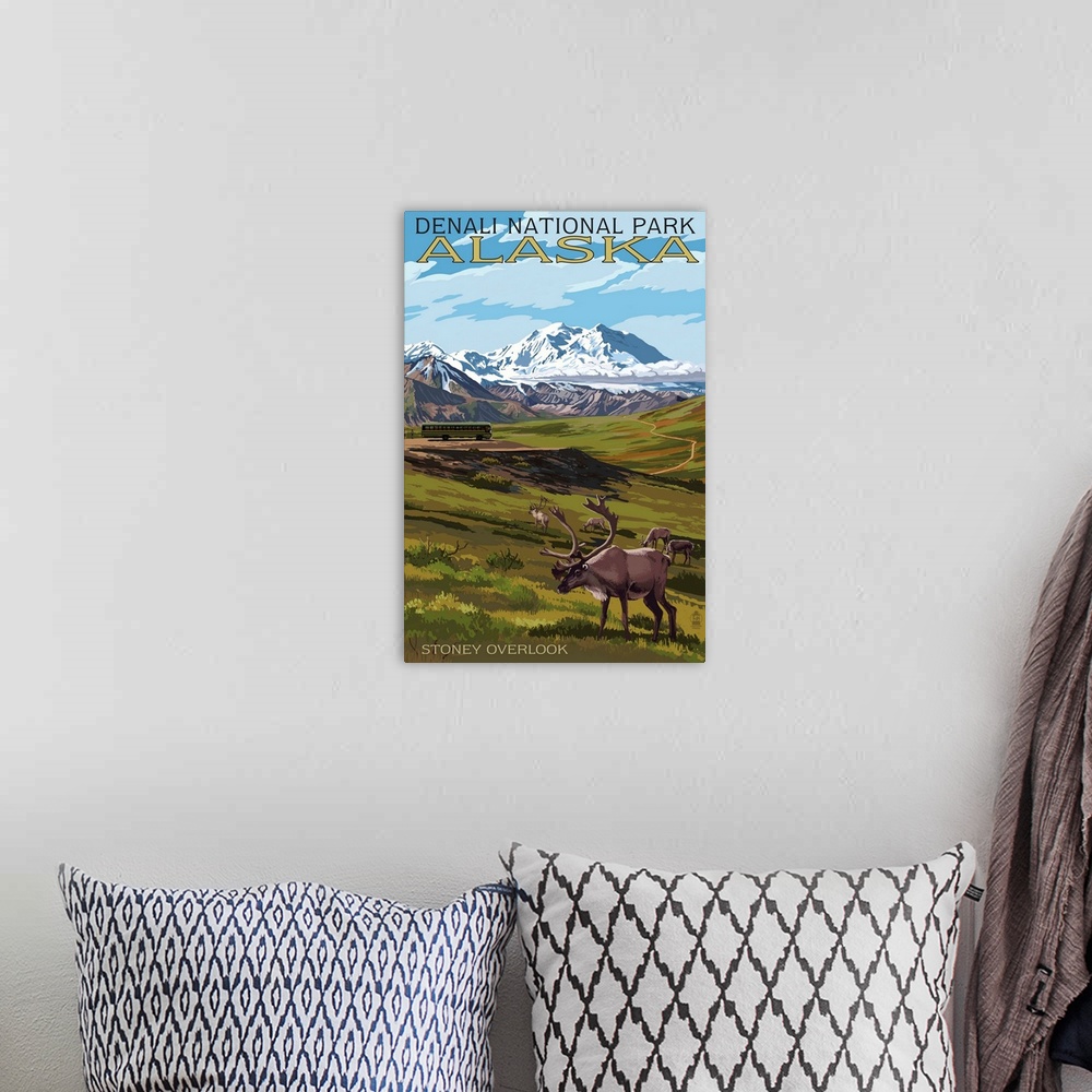 A bohemian room featuring Denali National Park, Alaska - Caribou and Stoney Overlook: Retro Travel Poster