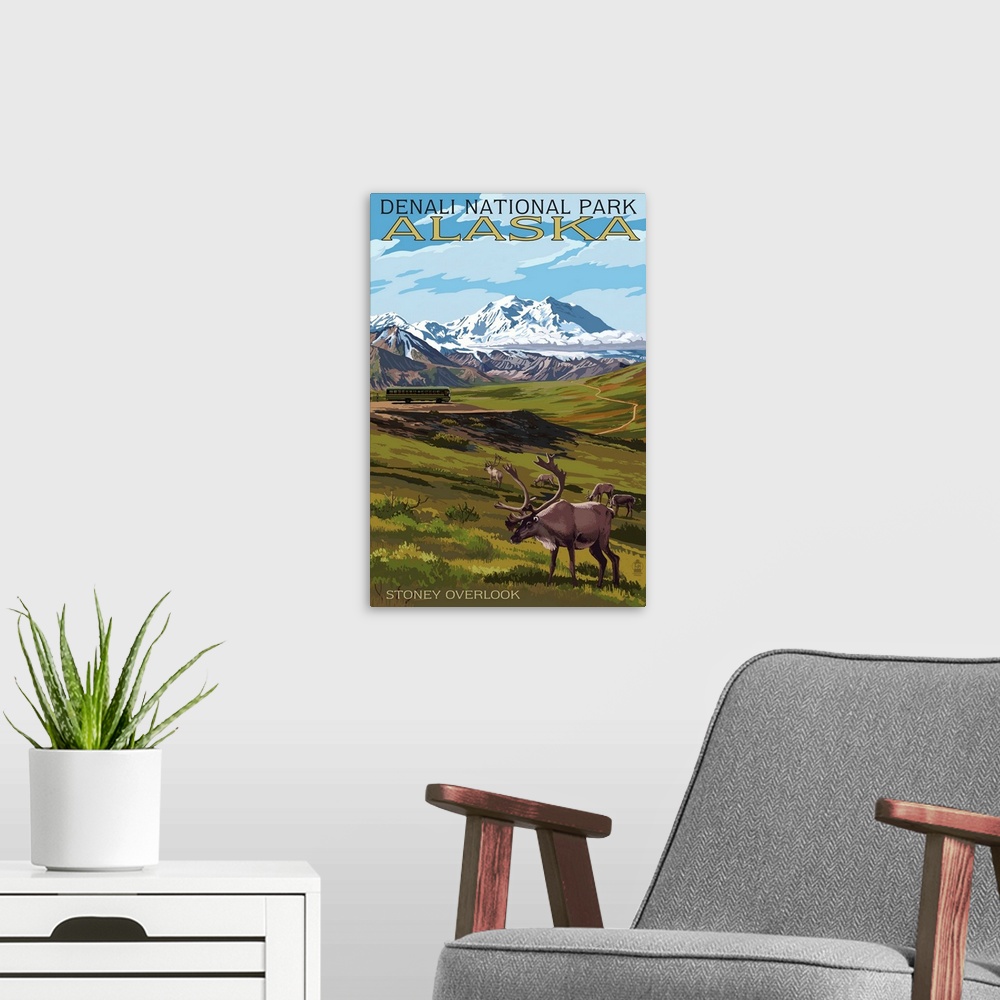 A modern room featuring Denali National Park, Alaska - Caribou and Stoney Overlook: Retro Travel Poster