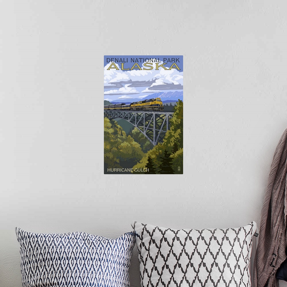 A bohemian room featuring A retro stylized art poster of a wildnerness landscape of an iron wrough arch bridge being crosse...