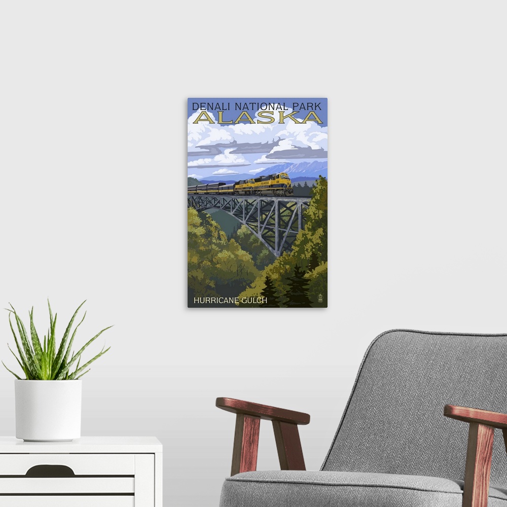 A modern room featuring A retro stylized art poster of a wildnerness landscape of an iron wrough arch bridge being crosse...