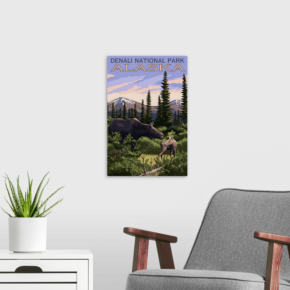 A modern room featuring A retro stylized art poster of a moose and calf in a forest meadow.