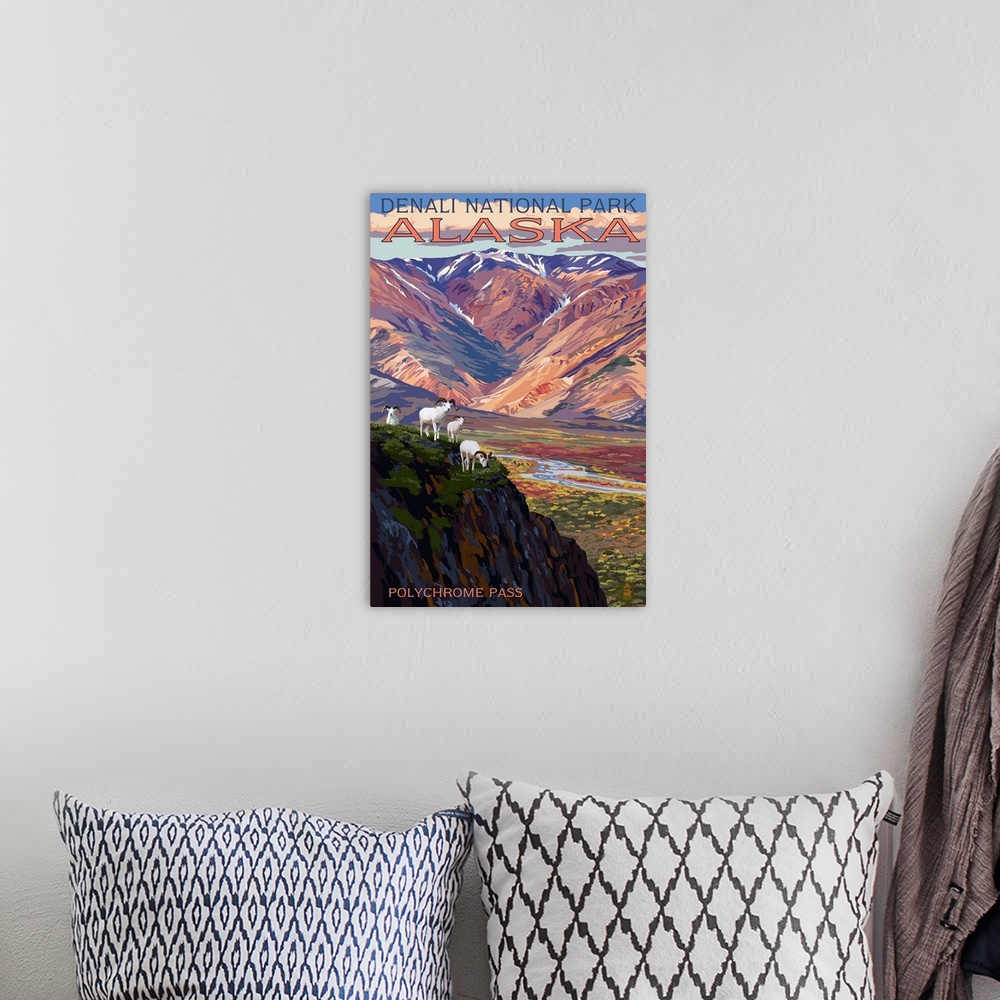 A bohemian room featuring A retro stylized poster of a valley in this perserved land and a small herd of wild sheep grazing...