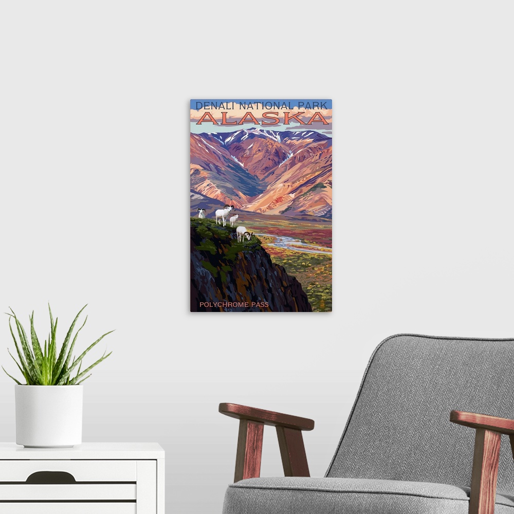 A modern room featuring A retro stylized poster of a valley in this perserved land and a small herd of wild sheep grazing...
