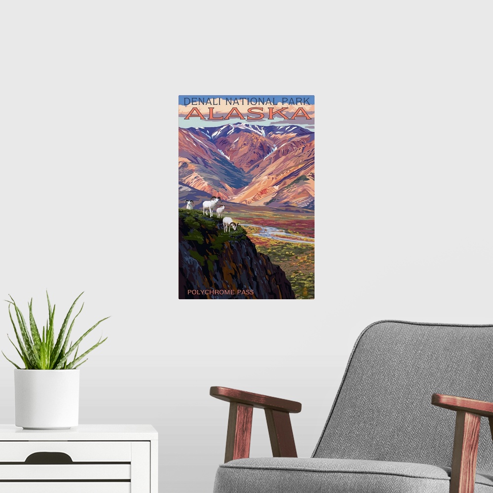 A modern room featuring A retro stylized poster of a valley in this perserved land and a small herd of wild sheep grazing...