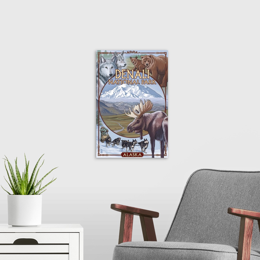 A modern room featuring Denali National Park, Alaska Views: Retro Travel Poster