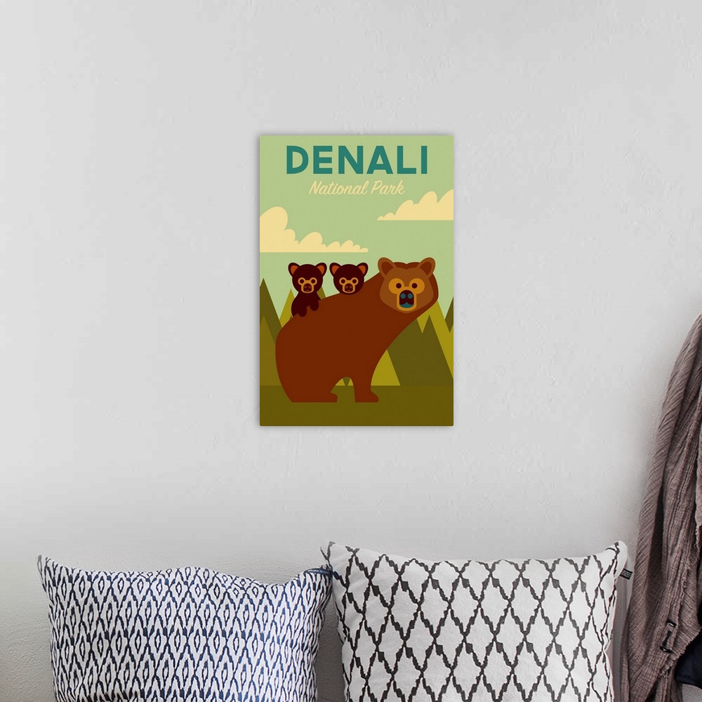 A bohemian room featuring Denali National Park and Preserve, Bear And Cubs: Graphic Travel Poster