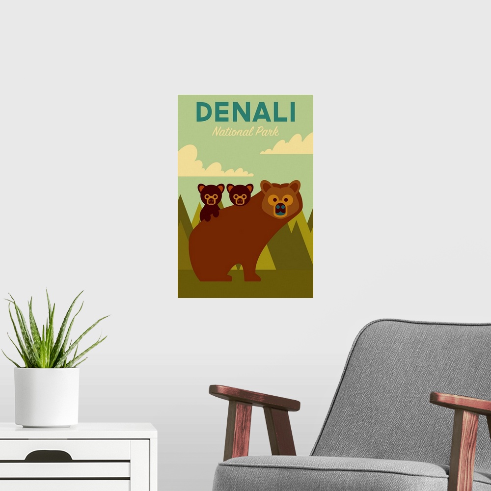 A modern room featuring Denali National Park and Preserve, Bear And Cubs: Graphic Travel Poster