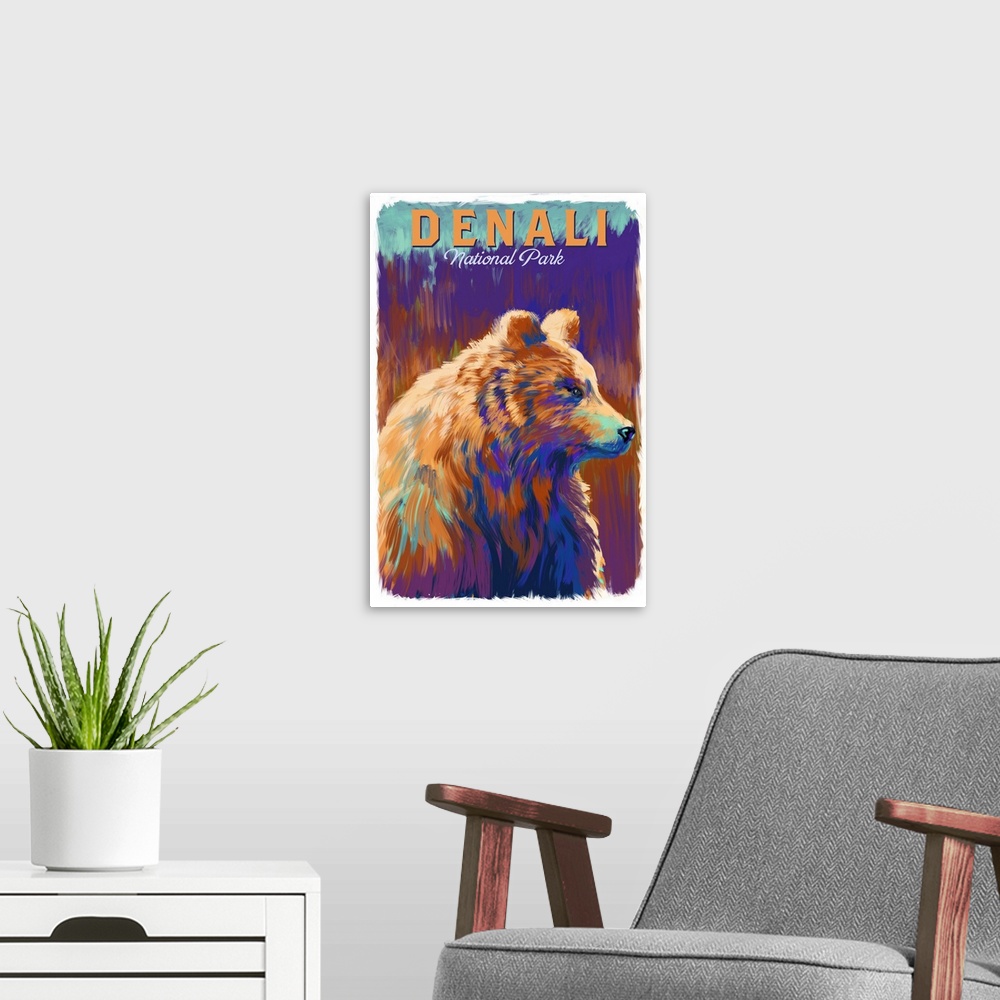 A modern room featuring Denali National Park and Preserve, Bear Portrait: Retro Travel Poster