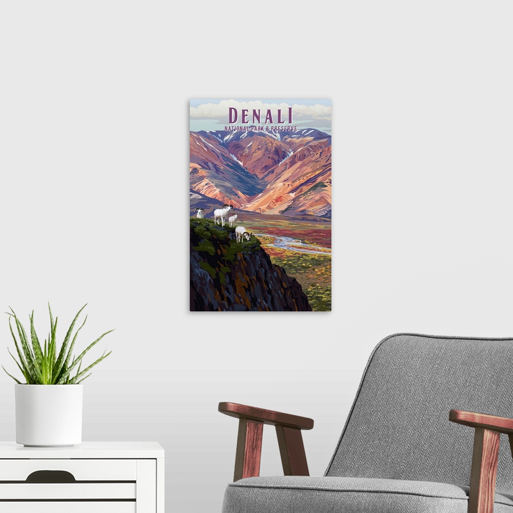 A modern room featuring Denali National Park and Preserve, Bighorn Sheep: Retro Travel Poster