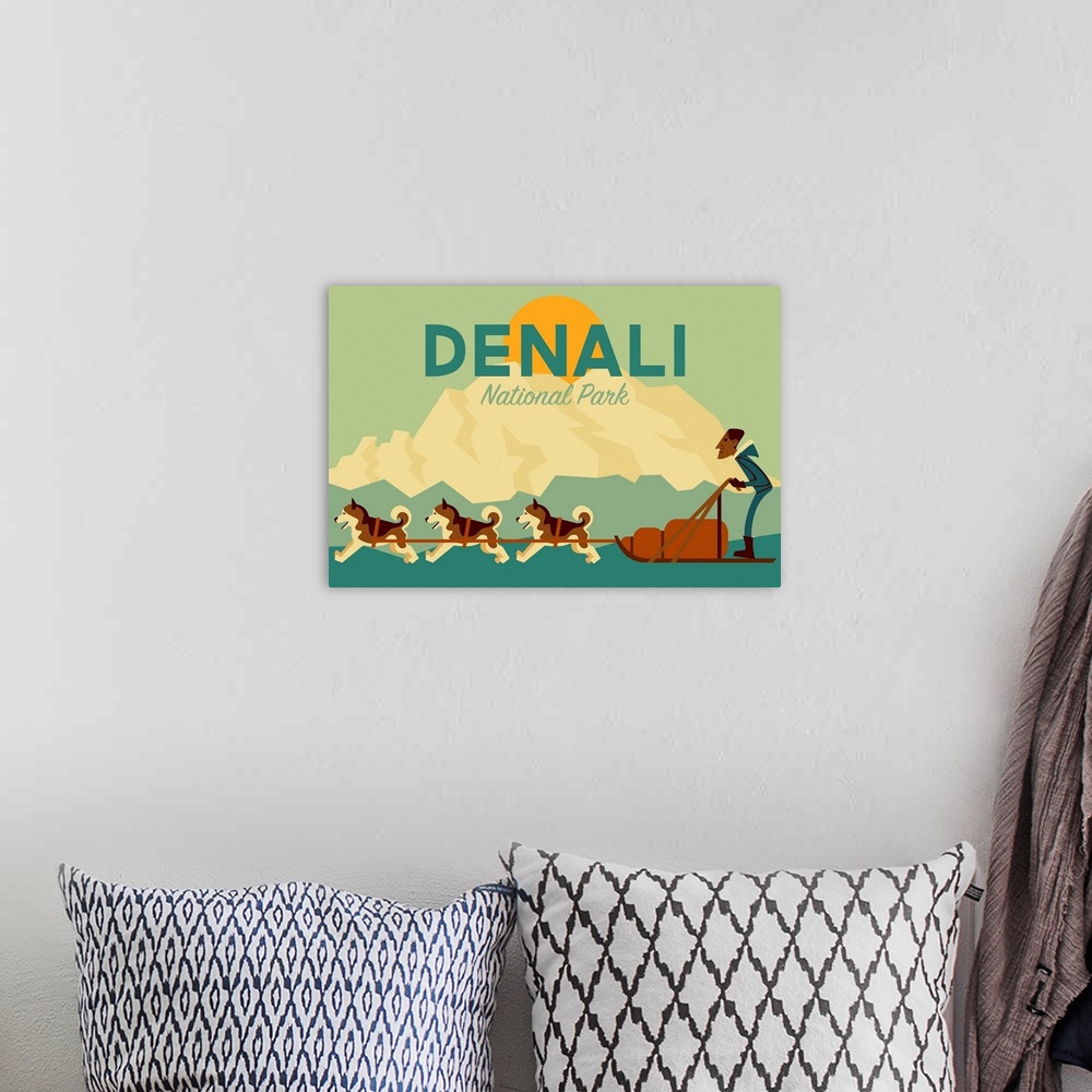 A bohemian room featuring Denali National Park and Preserve, Dog Sledding: Graphic Travel Poster