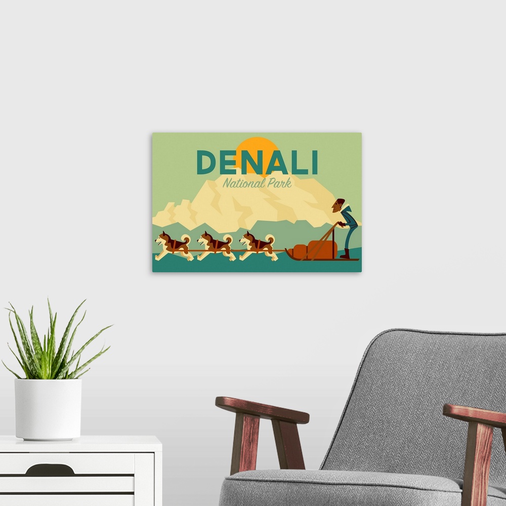 A modern room featuring Denali National Park and Preserve, Dog Sledding: Graphic Travel Poster