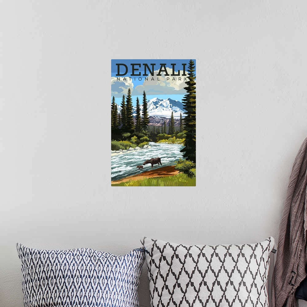 A bohemian room featuring Denali National Park and Preserve, Moose And Calf: Retro Travel Poster