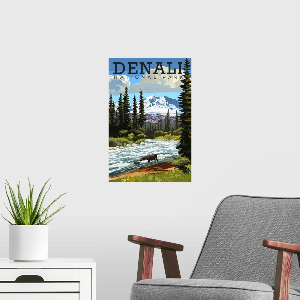 A modern room featuring Denali National Park and Preserve, Moose And Calf: Retro Travel Poster