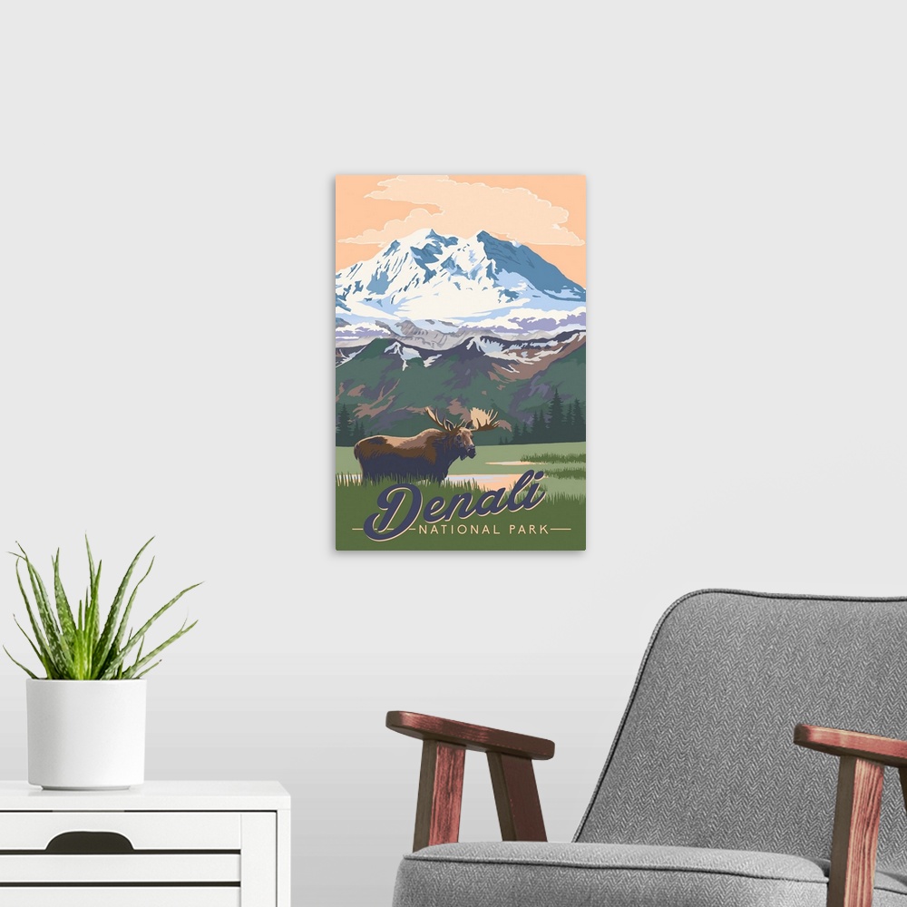 A modern room featuring Denali National Park and Preserve, Moose In Nature: Retro Travel Poster