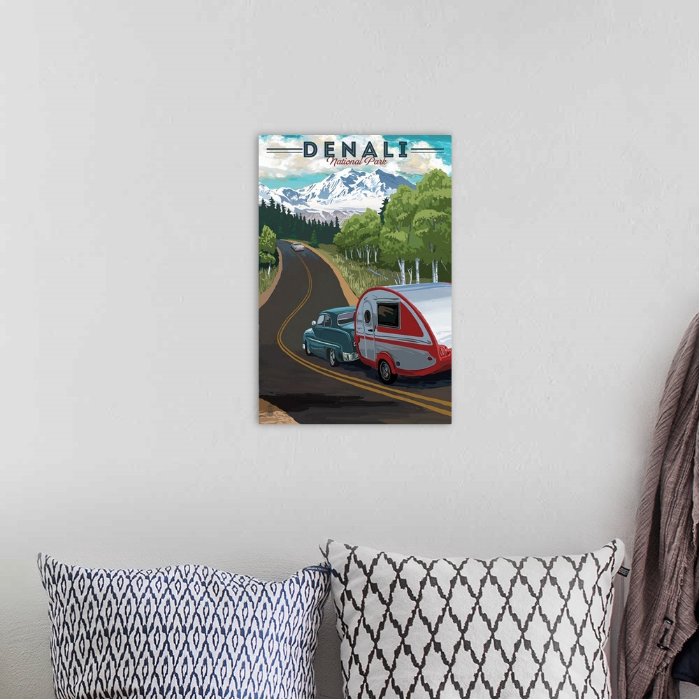 A bohemian room featuring Denali National Park and Preserve, Road Trip: Retro Travel Poster