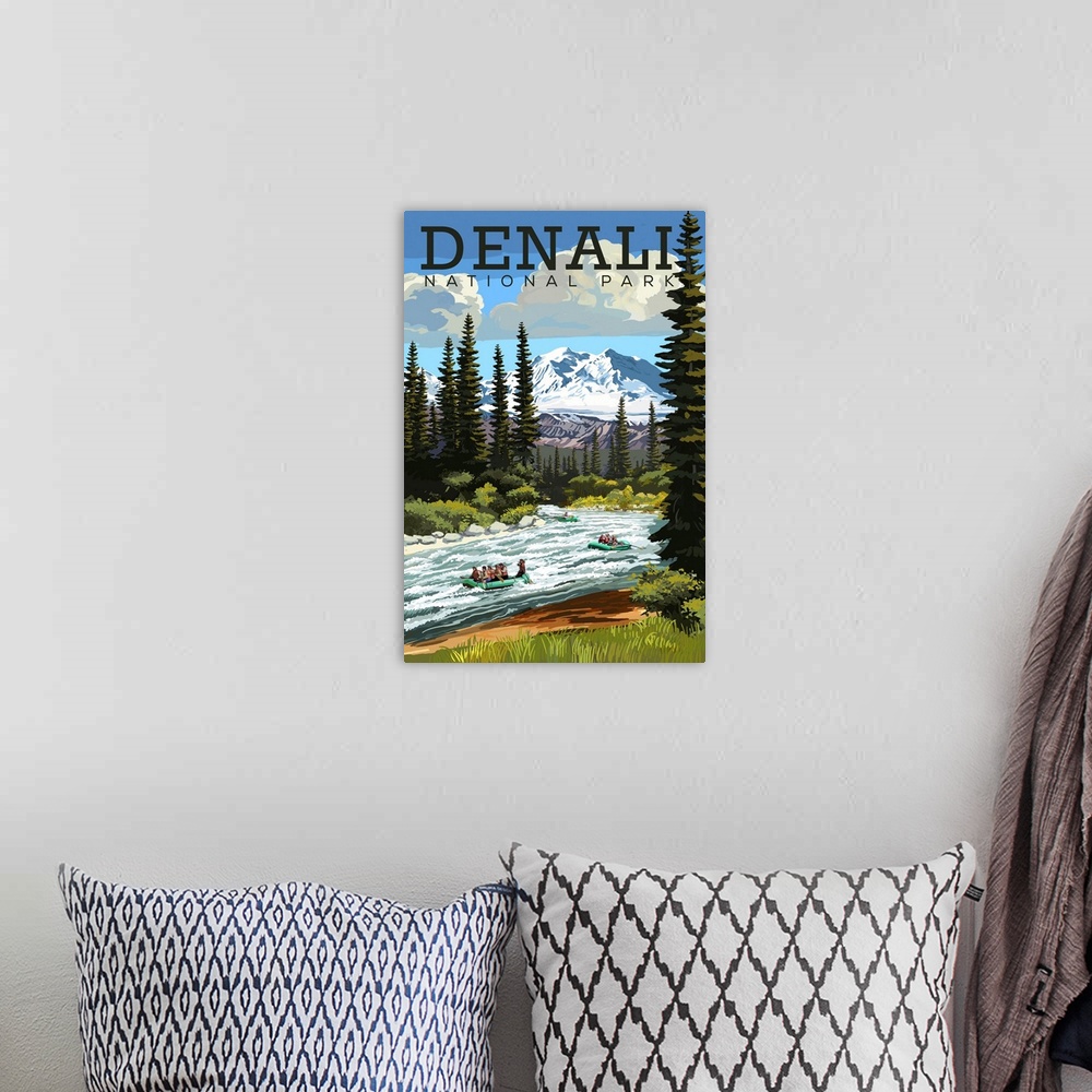 A bohemian room featuring Denali National Park and Preserve, Wild Water Rafting: Retro Travel Poster