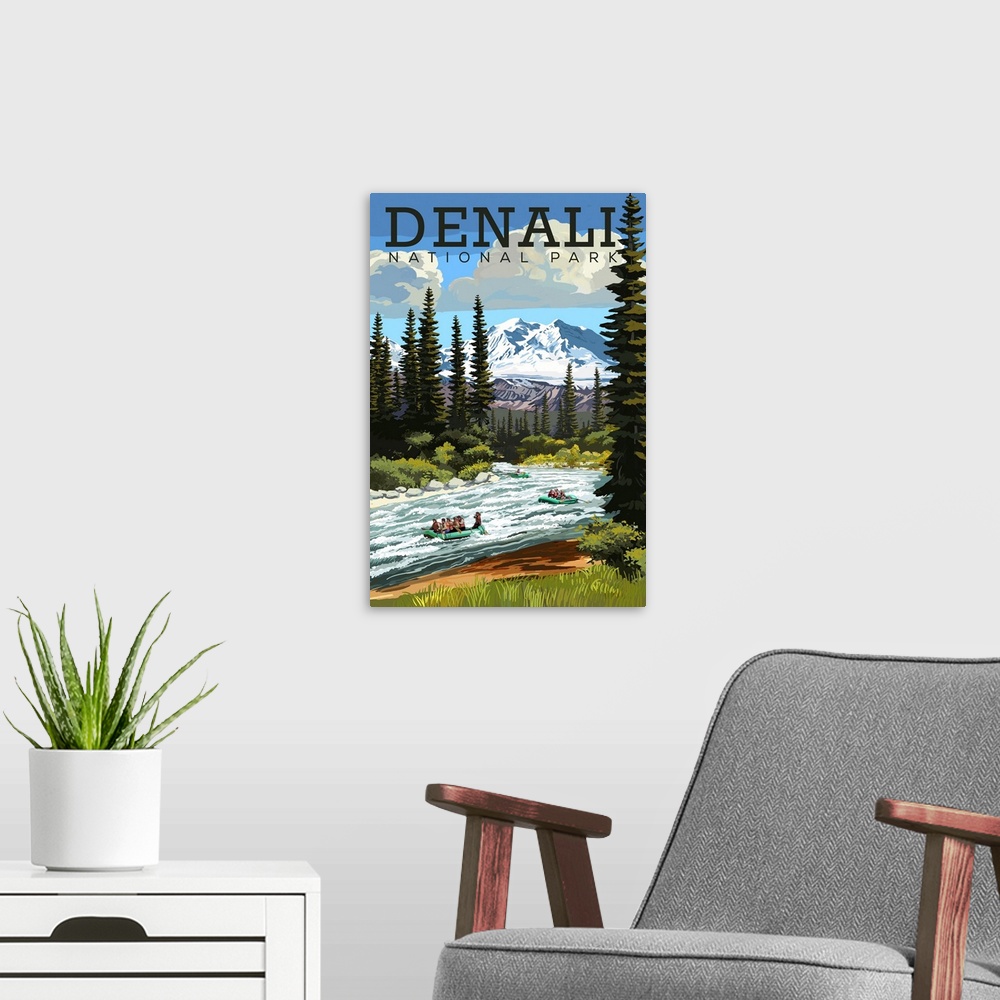 A modern room featuring Denali National Park and Preserve, Wild Water Rafting: Retro Travel Poster