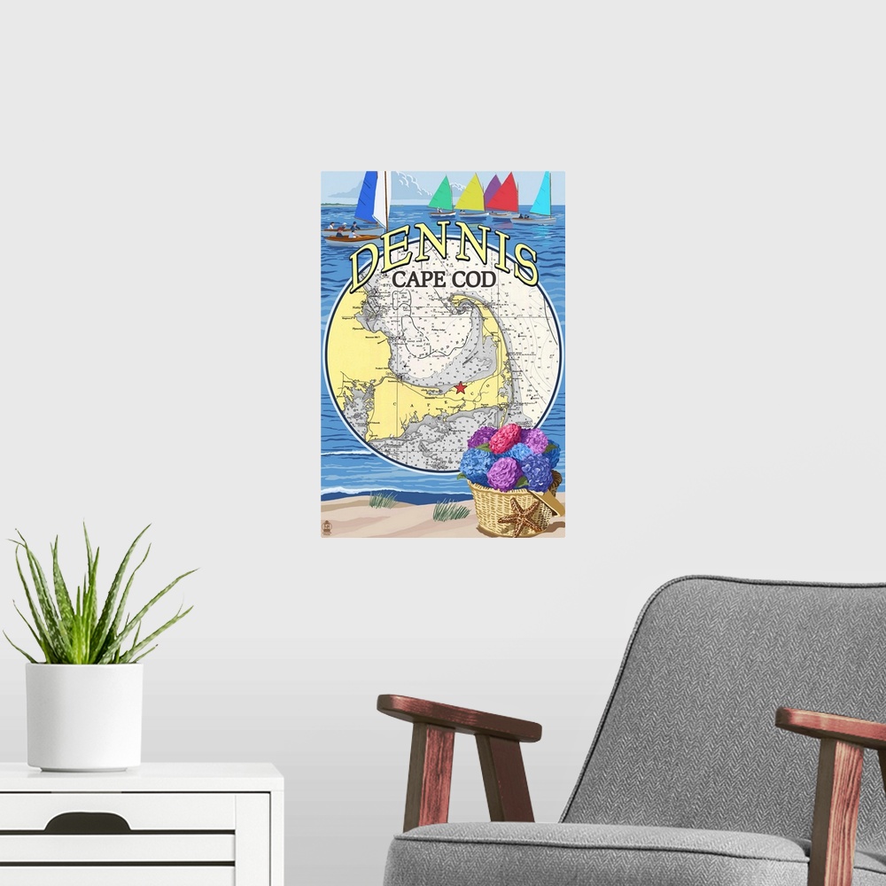 A modern room featuring A retro stylized art poster of a map of Cape Cod and a beach scene of sail boats on the water.