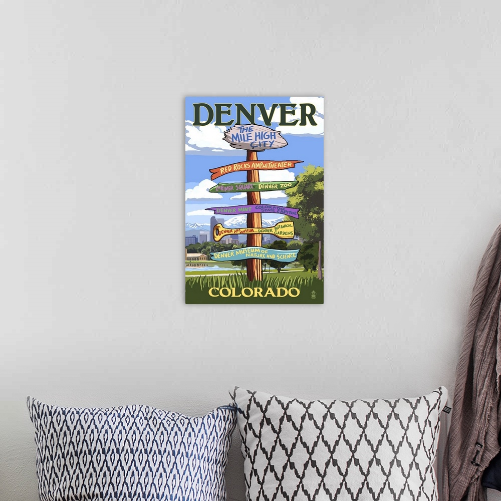 A bohemian room featuring Denver, Colorado - Destinations Signpost: Retro Travel Poster