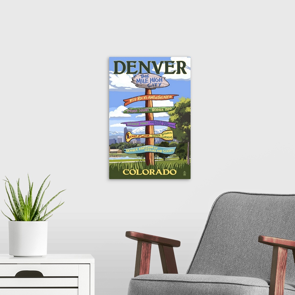 A modern room featuring Denver, Colorado - Destinations Signpost: Retro Travel Poster