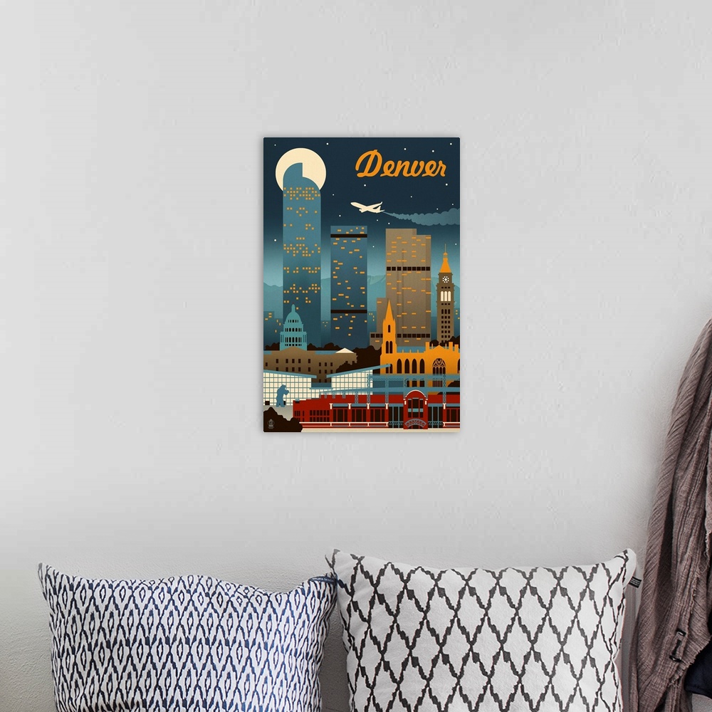 A bohemian room featuring Denver, Colorado - Retro Skyline: Retro Travel Poster
