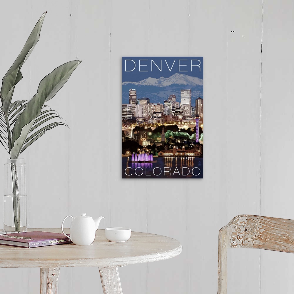A farmhouse room featuring Denver, Colorado - Skyline at Night: Retro Travel Poster