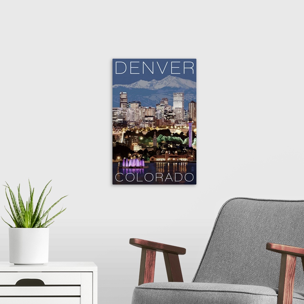 A modern room featuring Denver, Colorado - Skyline at Night: Retro Travel Poster
