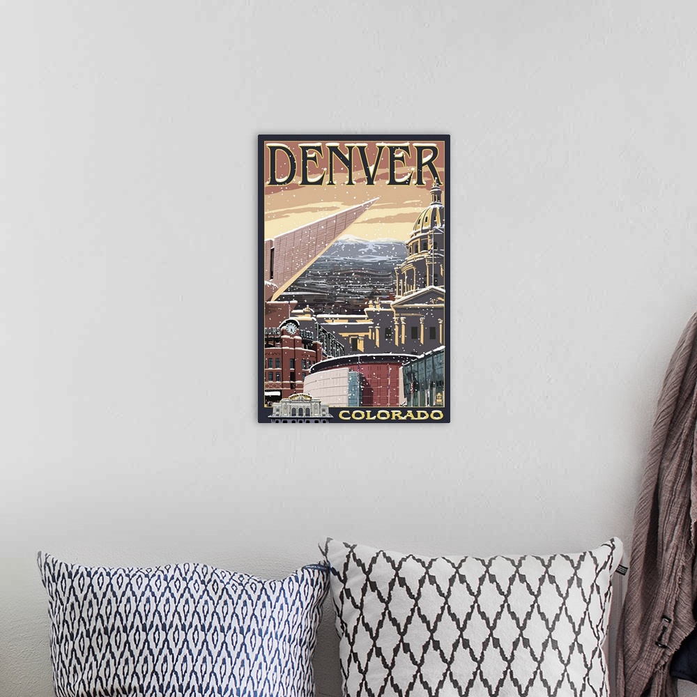 A bohemian room featuring Denver, Colorado - Skyline View in Snow: Retro Travel Poster