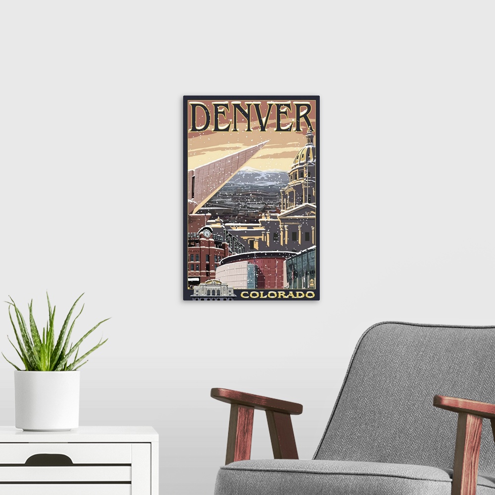 A modern room featuring Denver, Colorado - Skyline View in Snow: Retro Travel Poster