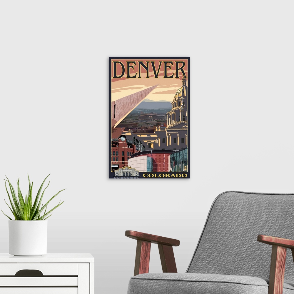 A modern room featuring Denver, Colorado - Skyline View: Retro Travel Poster