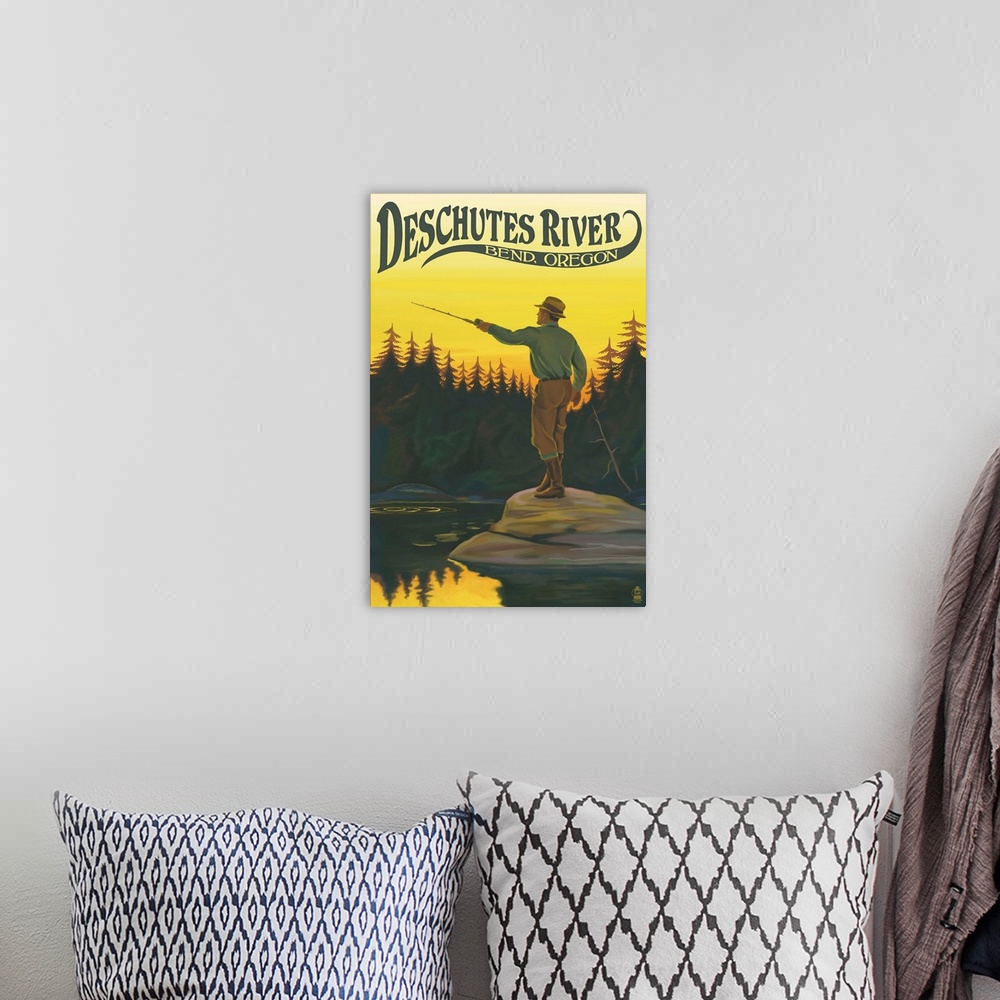 A bohemian room featuring Deschutes River - Bend, Oregon - Fisherman Casting: Retro Travel Poster