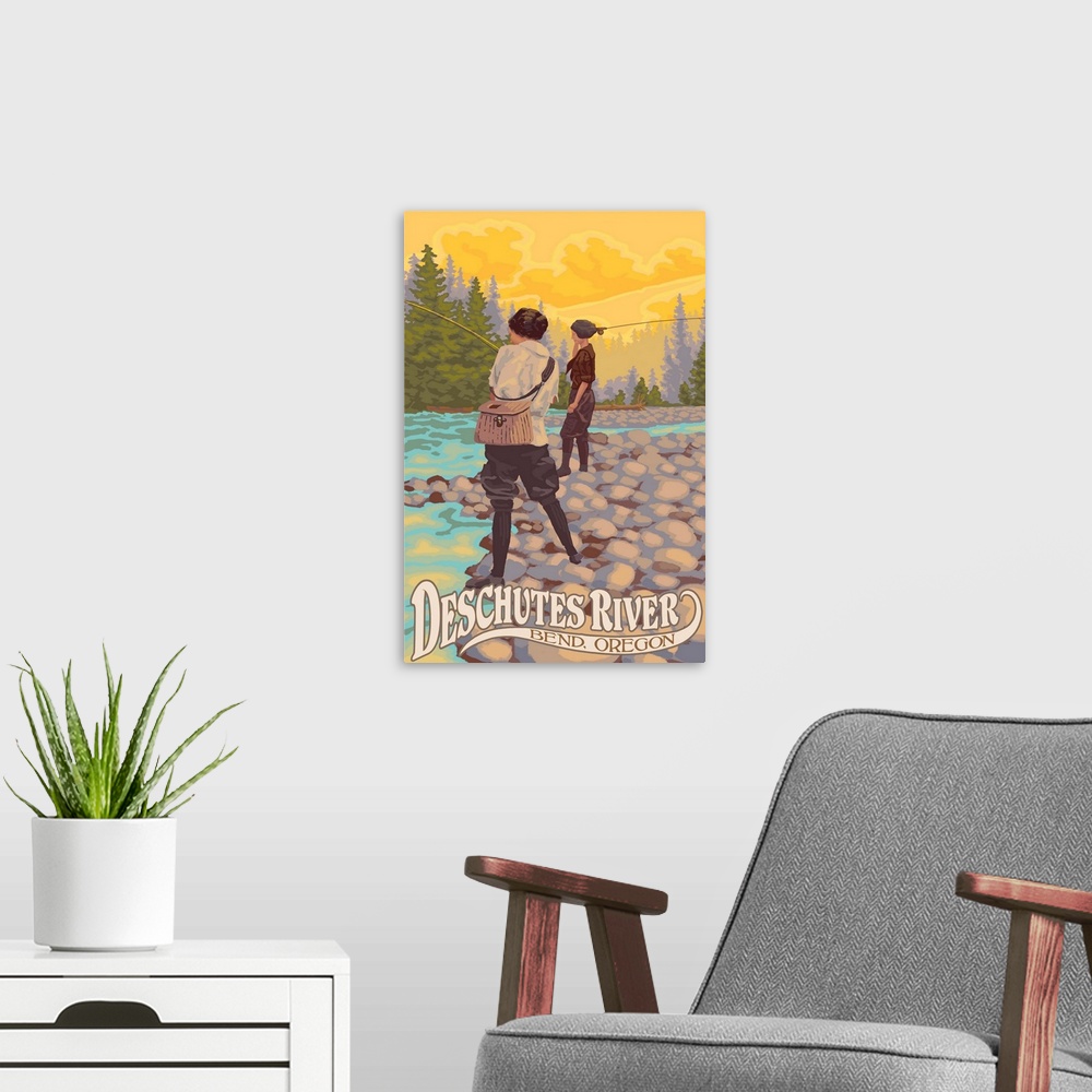 A modern room featuring Retro stylized art poster of two women fly fishing beside a river.