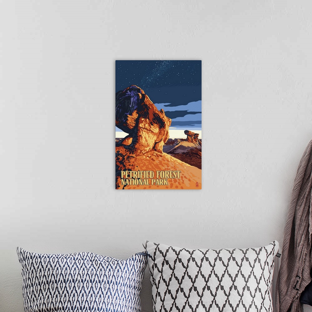 A bohemian room featuring A retro stylized art poster of a landscape scene from the majestic landformations of this preserv...