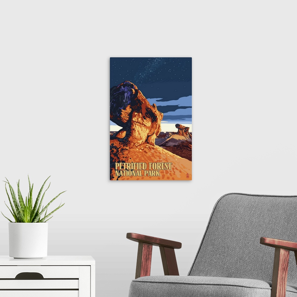 A modern room featuring A retro stylized art poster of a landscape scene from the majestic landformations of this preserv...