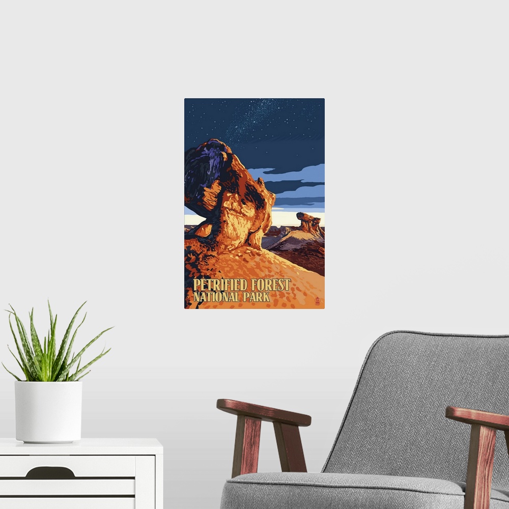 A modern room featuring A retro stylized art poster of a landscape scene from the majestic landformations of this preserv...