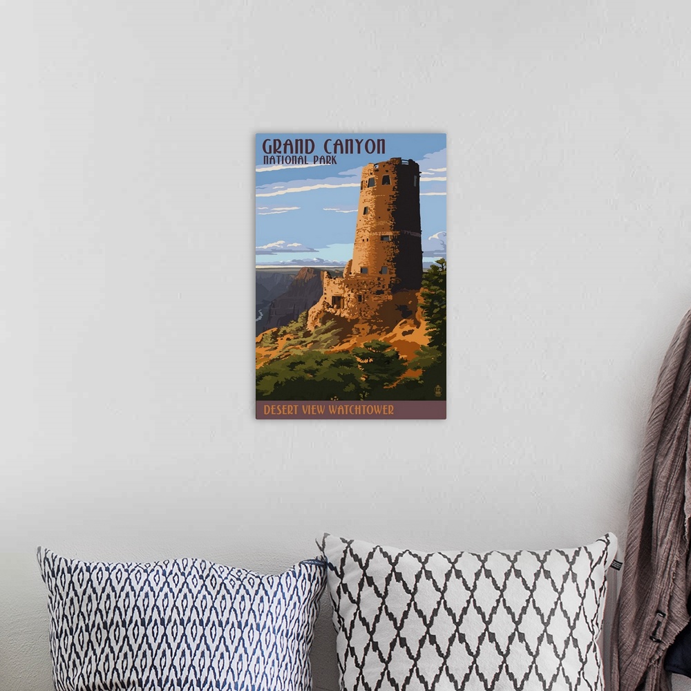 A bohemian room featuring A retro stylized art poster of the landscape and a ruin in this national park.