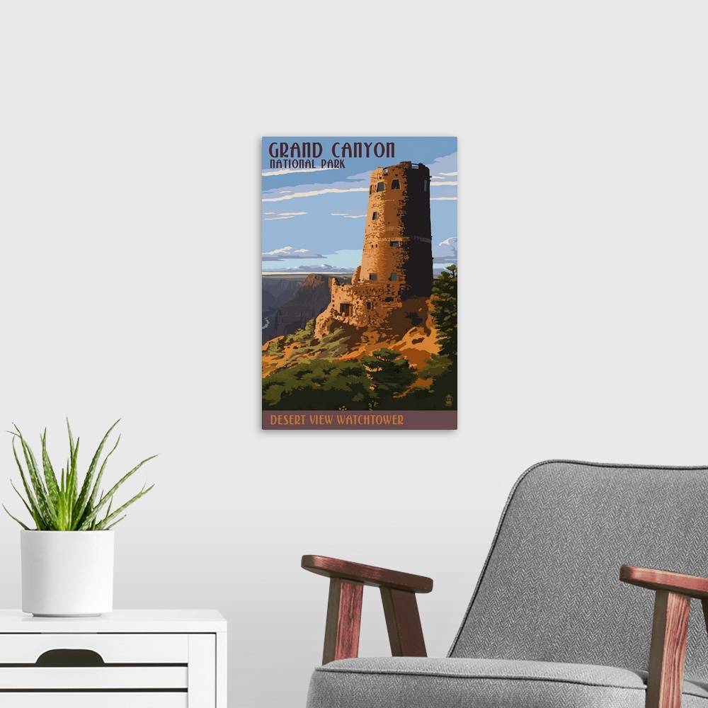 A modern room featuring A retro stylized art poster of the landscape and a ruin in this national park.
