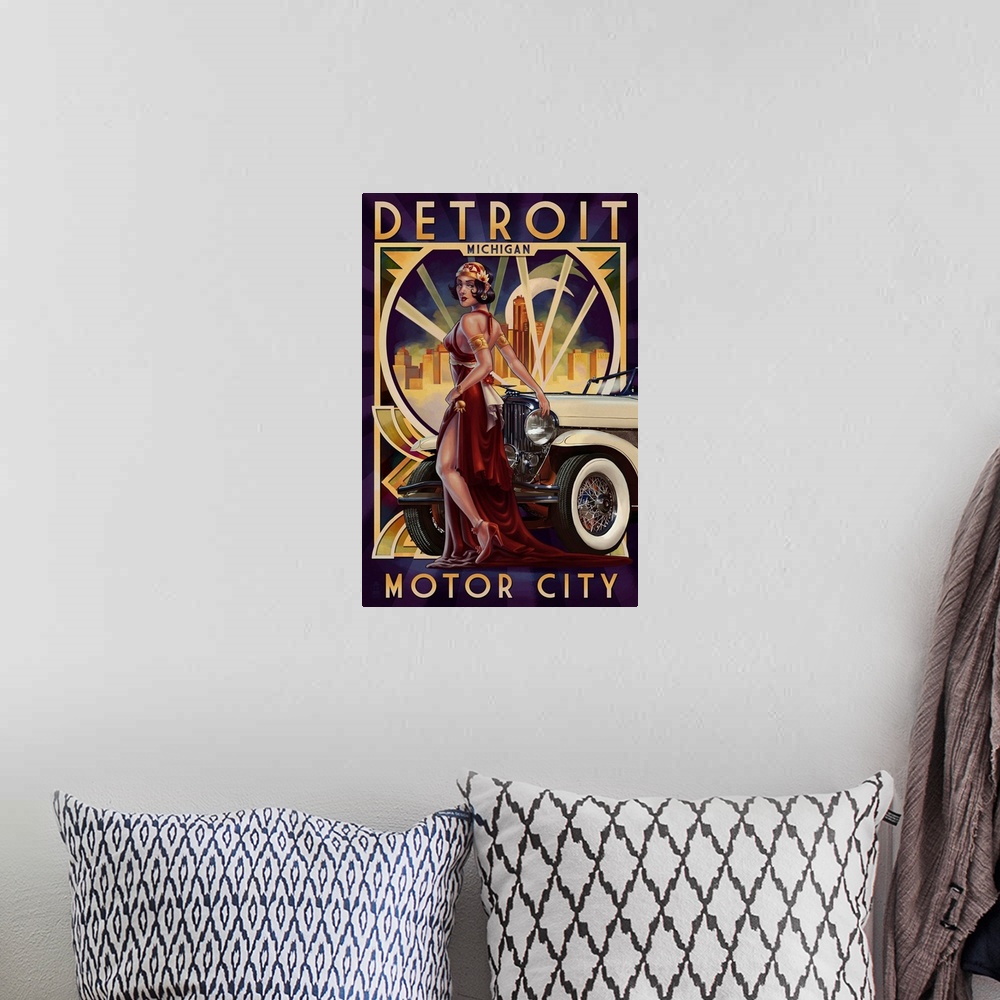 A bohemian room featuring A stunning art deco style portrait of a glamorously dressed woman leaning against an antique auto...