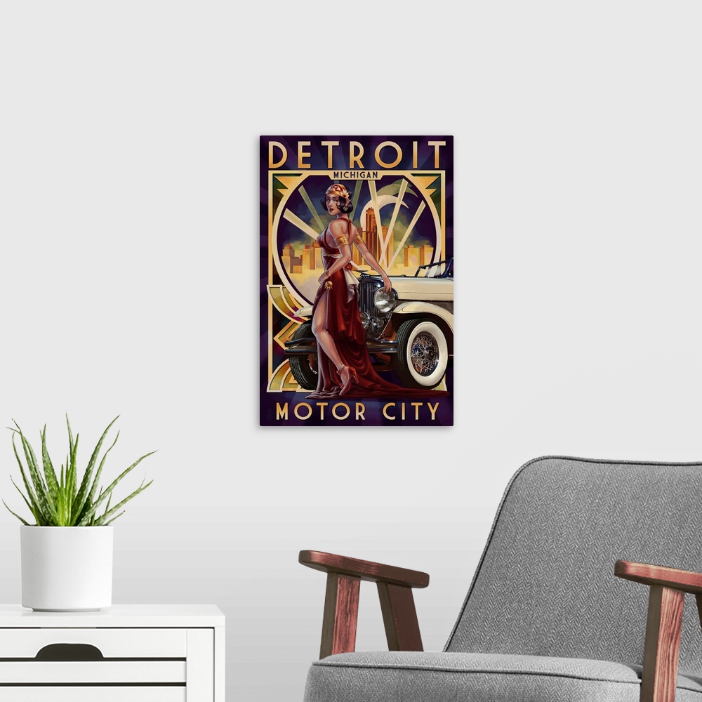 A modern room featuring A stunning art deco style portrait of a glamorously dressed woman leaning against an antique auto...