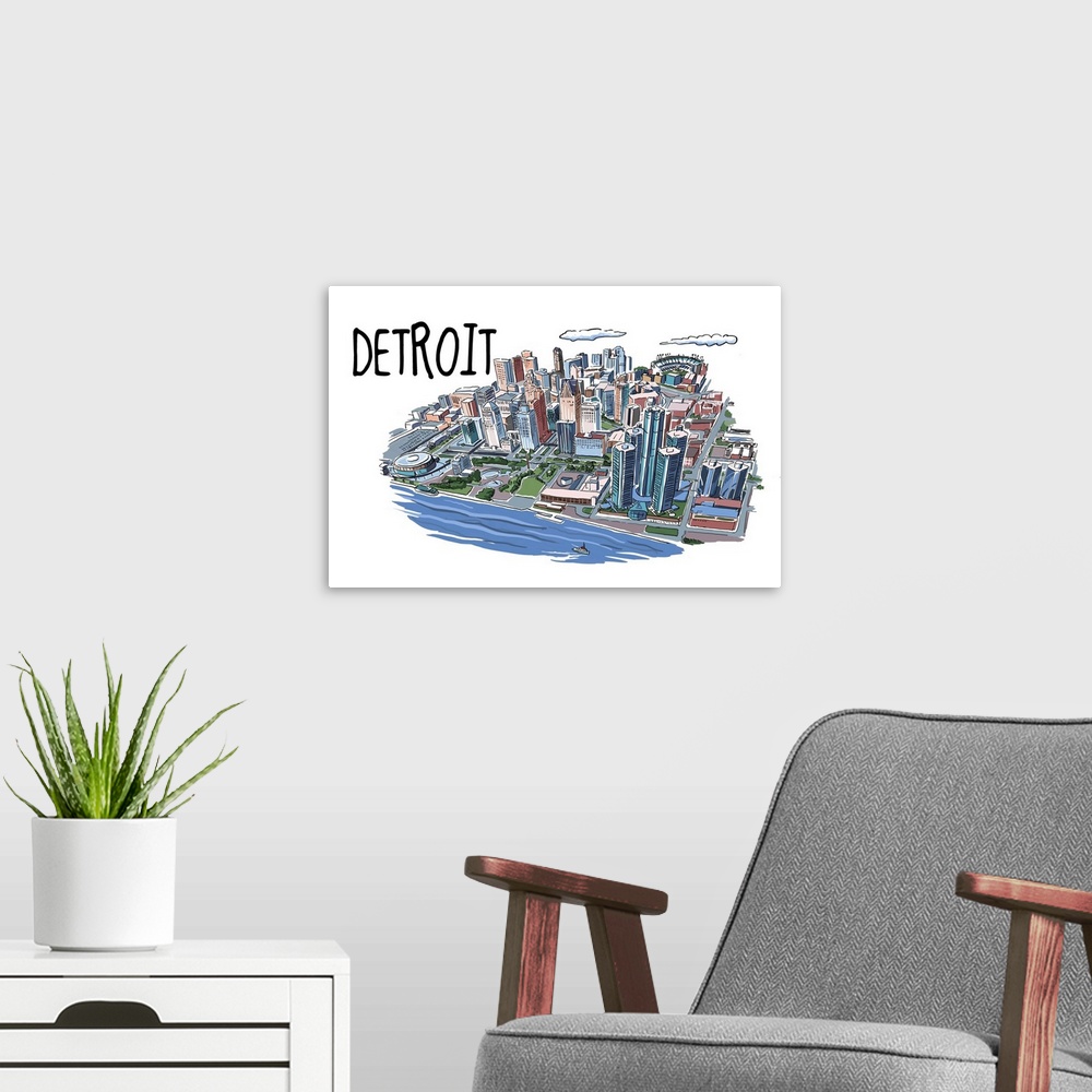 A modern room featuring Detroit, Michigan - Line Drawing