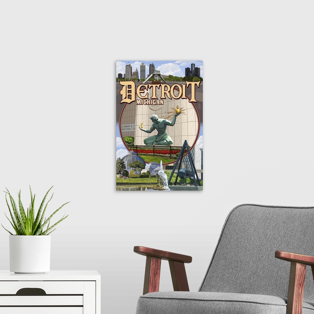 A modern room featuring Detroit, Michigan - Montage Scenes: Retro Travel Poster